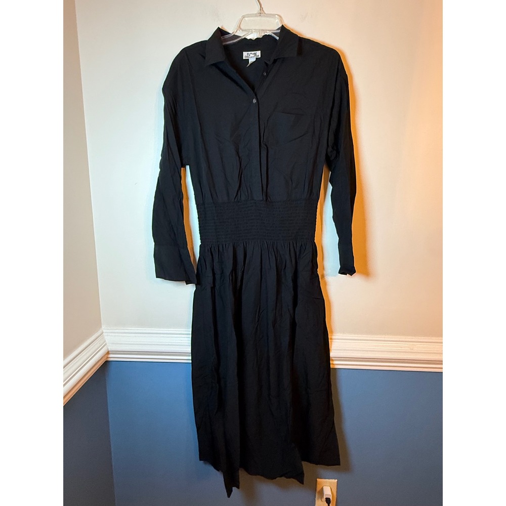 Future Collective Shirt Dress Womens Medium Black Smocked Waist Midi Collared